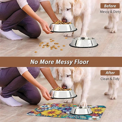 Floral Dog Food Mat for Floors,Cute Mandala Flower Absorbent Quick-Dry Pet Feeding Mat,Cat Dog Bowl Mats for Food and Water,Non-Slip Pet Accessories Supplies 16"x24"