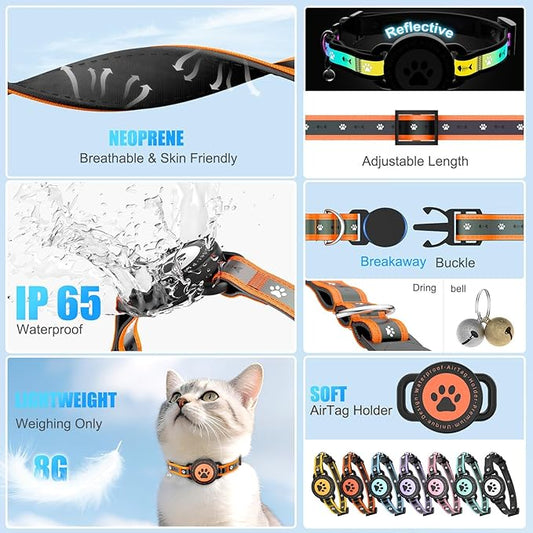 Airtag Cat Collar Breakaway, Reflective Cat Collar with AirTag Holder and Bell, Compatible with Apple Air Tag, Comfortable Padding, Adjustable, Durable (Orange, XS)