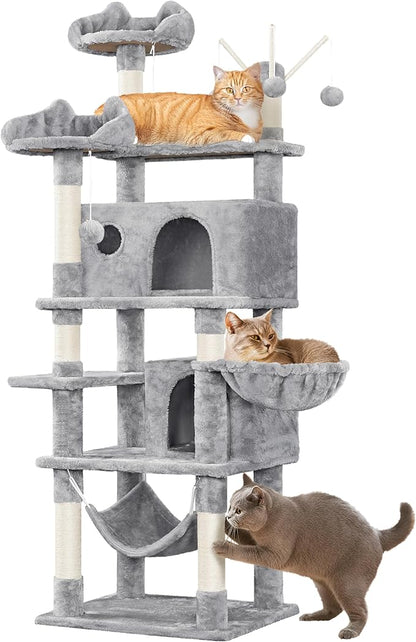 Yaheetech Cat Tree, 67in Large Tower w/ 3 Removable Teaser Sticks, 2 Kitten-Ear Shaped Perches, 2 Condos, Hammock, Scratching Post, Multi Level Pet House, Light Gray
