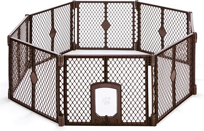 MyPet 8-Panel Petyard Passage: 6.5 ft. Wide 26 in. Tall Brown Freestanding Customizable Folding Pet Enclosure with Lockable Pet Door; Indoor/Outdoor Puppy Playpen Made in USA