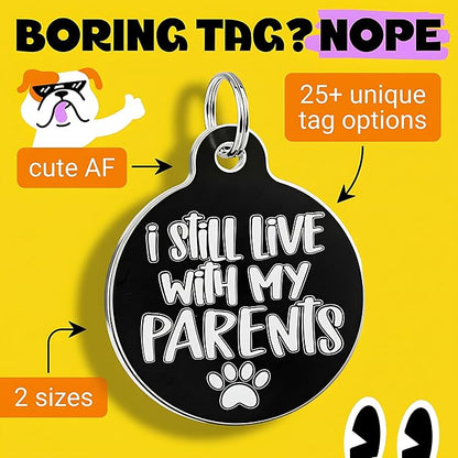 Bad Tags Personalized Dog and Cat ID Tags in 25+ Designs and 2 Sizes - 5 Lines of Custom Engraved Text - Funny Cute Personalized Pet Tags (I Still Live with My Parents, Small (1 inch))