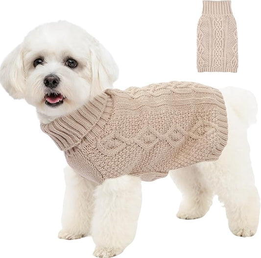 Dog Sweaters for Small Dogs Turtleneck Pullover Puppy Sweater Sleeveless Cable Knit Sweater for Chihuahua Soft and Warm Acrylic Cat Dog Clothes for Cool Weather (Beige, Small)