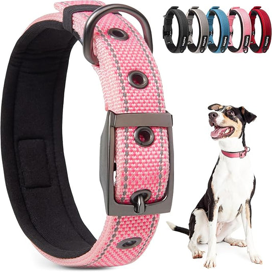 PetiFine Neoprene Padded Dog Collar, Heavy Duty Comfort Dog Collar with Durable Metal Buckle, Reflective Adjustable Belt Buckle Dog Collars for Small Medium Large Dogs(14.5''-19'', Pink)
