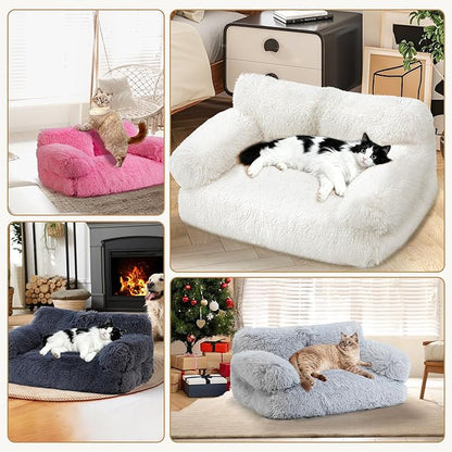 Large Cat Beds for Indoor Cats, Dog Couch Bed, Cute Cat Couch Sofas for Less 20lbs Kitten Puppy, Small Dog Sofas & Chairs with Removable Washable Cover, Warm Pet Furniture, Plush Light Grey