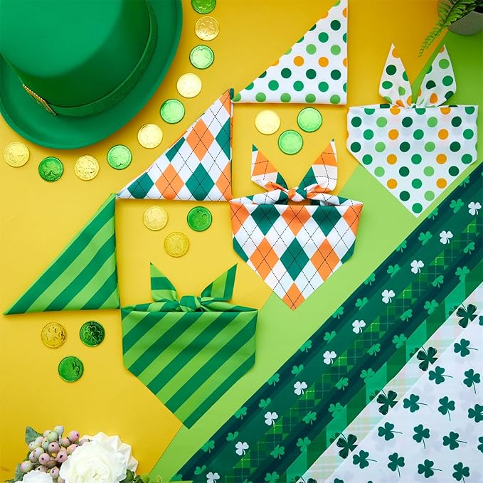 Weewooday 50 Pcs St Patricks Day Bandanas Bulk for Dogs Adjustable Irish Shamrocks Clover Green Plaid Triangle Soft Bibs Puppy Bandana for Small Medium Large Cat Pet Costume(19.7 x 13.8 x 13.8 Inch)