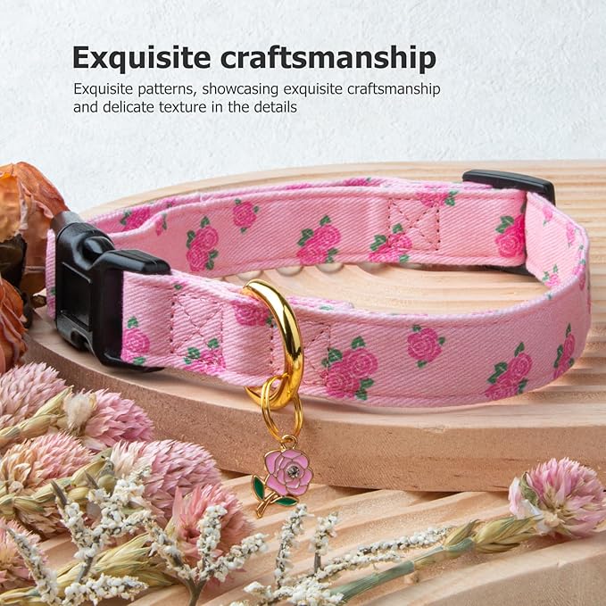 Cotton Handmade Dog Collar Cute and Distinctive Patterns Pink Rose with Pendant for Girl Boy Dogs Collars M