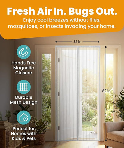Flux Phenom Magnetic Screen Door Mesh 38x82 Inch – Easy Install, Strong Magnet Strength, Self-Sealing Mesh, Pet Tested, Hands-Free Entry, Doors Screen Magnetic Closure, Keeps Bugs Out - Gray
