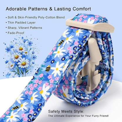 Floral Dog Collar for Large Dogs - Cute Spring Dog Collars, Soft Lightweight Bee & Daisy Puppy Collar, Breathable Adjustable Male Female Blue Wildflowers Dogs Collars L