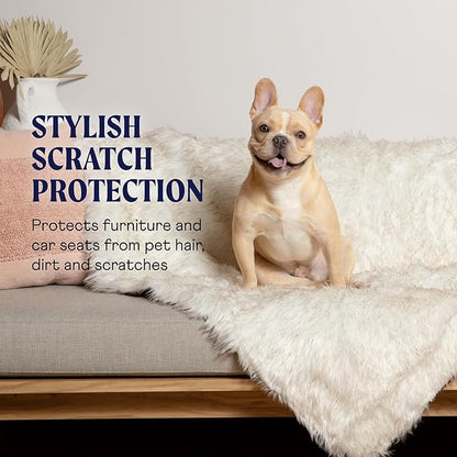 PupProtector Waterproof Throw Blanket for Dogs and Cats, Pet Blanket Cover for Couches, Sofas, Beds, Car Seats, Furniture, Calming Soft Faux Fur, White with Brown Accents, Original (60" L x 50" W)
