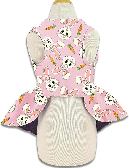 Easter Dog Dress with Bunny & Carrot Print, Festive Holiday Pink Spring Pet Outfit with Satin Bow for Small Medium Dogs