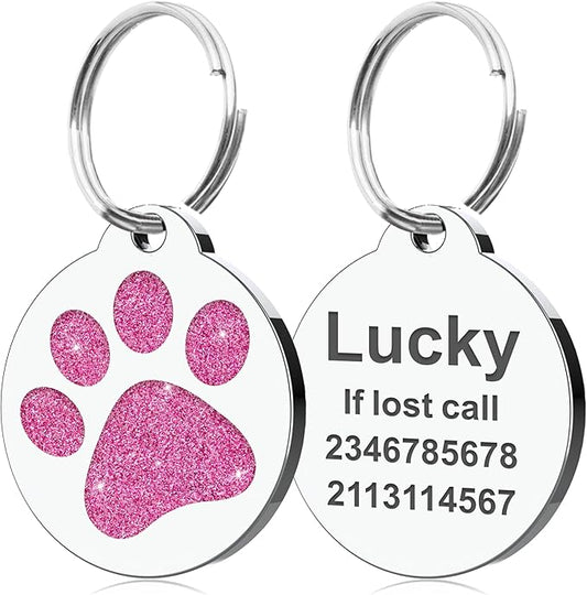 Dog Tags Personalized for Pets Dog Name Tags Personalized Dog Tag Engraved with Any Name & Text Custom Dog ID Tags Glitter Bone ID Tag for Puppy Cat (Pink-Round, L)