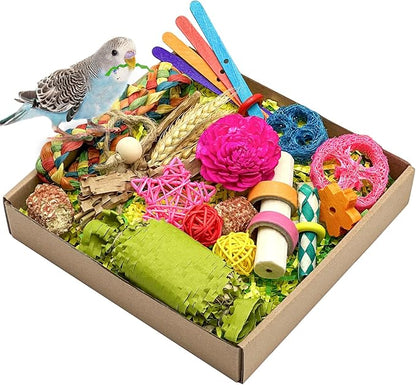 Natural Bird Toy Foraging Parrot Shredding Toys Box Conure Chewing Toys for Cockatiel Lovebird Parakeet Budgie Small-Medium Birds (Colorful)