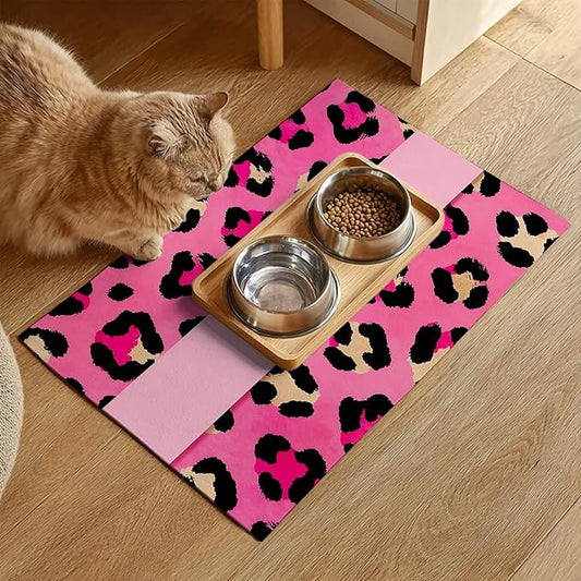 Puppy Feeding Mat 24x16 inch Hot Pink Leopard Print Pet Bowl Placemat Non Slip Floor Mat for Food and Water Indoor Dog Feeding Station Cute Meal Pad for Small Pets Kitchen Use
