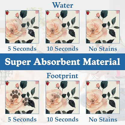 Pink Flower Leaf Pet Feeding Mat–Christmas Stocking Quick Dry Absorbent Dog Cat Food Mat, Non Slip Waterproof Bowl Placemat for Messy Eaters, Pet Accessories for Floors 12"x20"