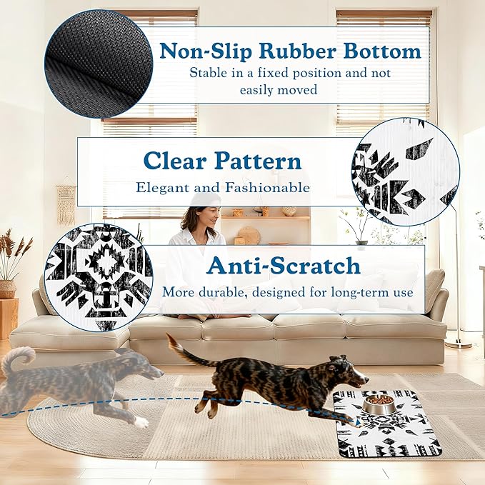 Black Boho Art Dog Food Mat–Christmas Stocking Absorbent Quick Dry Feeding Placemat for Food and Water Bowls, Non Slip Rubber Backing, Waterproof Pet Supplies for Mess-Free Eating 16"x24"