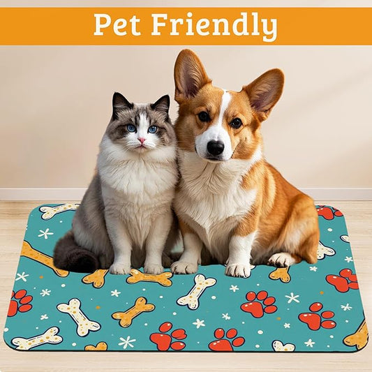 Dog Paws Cat Food Mat,Bones Absorbent Pet Feeding Mat for Food and Water Bowl,Quick Dry Dog Placemat Non Slip Rubber Backing Waterproof Pet Supplies 12" x 20"