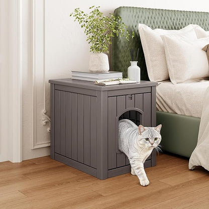 Cat Litter Box Enclosure, Plastic Hidden Litter Box Side Table with Openable Front Door, Waterproof & Weatherproof Cat House for Indoor & Outdoor Use (Gray)