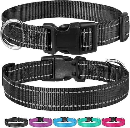 Reflective Dog Collar with Buckle Adjustable Safety Nylon Collars for Small Medium Large Dogs, Black L