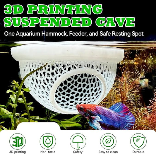 Aquarium Betta Fish Feeding Station, Floating Ring with Cave Hammock, Fish Hide Decoration, White