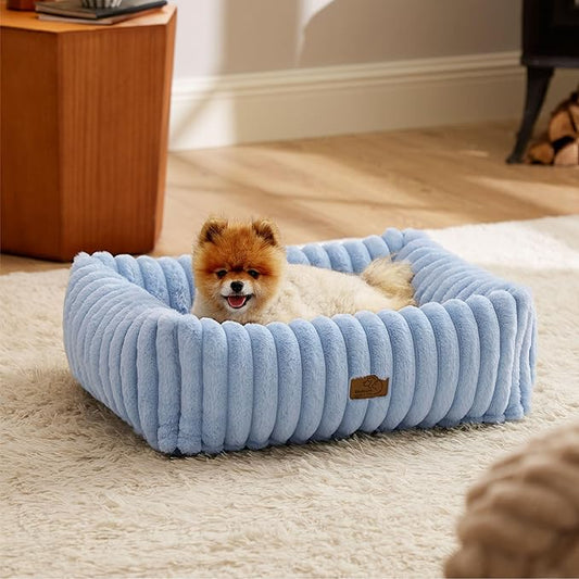 Bedsure ComfyFleece™ Washable Dog Bed for Medium Dogs - Cute Furry Puppy Beds, Rectangle Orthopedic Corduroy Fleece Pet Beds with Removable Zipper Cover, 25x21x7inches, Blue