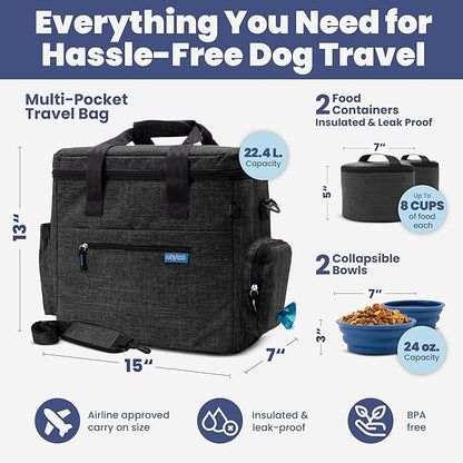 The Original Doggy Bag™ - Complete Dog Travel Bag for Supplies with 2 BPA-Free Travel Dog Bowls & 2 Pet Food Containers - Traveling Kit for Road Trips, Camping, Weekend Away or Doggy Gift: Charcoal