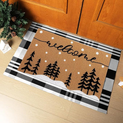 Tinideya 2 Pcs Door Mat Welcome Non Slip Coir Mats Floor Layering Doormats Seasonal for Front Porch Entryway Decor(Snowy Tree)