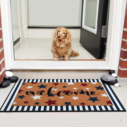 Tinideya 2 Pcs Door Mat Welcome Non Slip Coir Mats Floor Layering Doormats Seasonal for Front Porch Entryway Decor(Patriotic)