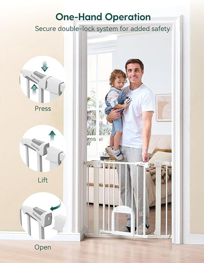 Babelio Baby Gate with Adjustable Cat Door,29-43" Auto Close Durable Pet door for Stairs,Doorways and House,Pressure Mounted,Easy Install,Effortless Walk Thru,White