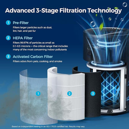 Purivortex Air Purifiers for Bedroom, Quiet Air Purifier with HEPA Filter for Pollen, Smoke, Dust, Pet Dander, Odor, Hair, Ozone Free, Covers Up to 880 Sq Ft, PX500 Black