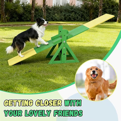 94.5" Adjustable Dog Agility Seesaw 4-Level Height Training Teeter for Small to Large Dogs Sturdy Wooden Dog Agility Equipment with Non-Slip Surface for Backyard Exercise Confidence Course (Seesaw)