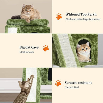 YANDLVY Small Cat Tower for Cats, Cute Cat Tree for Indoor Cats, Kittens Condo with Scratching Post and Board, Cat Cave, Modern Cat Activity House with Plush Perch (Green)