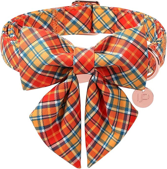 Autumn Plaid Dog Collar and Bow Tie Set – Orange Yellow Checkered Adjustable Fall Collar with Maple Leaf Charm for Small Medium Large Dogs, Soft Cotton Pet Collars with Buckle and D-Ring