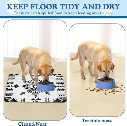 Black Boho Art Dog Food Mat–Christmas Stocking Absorbent Quick Dry Feeding Placemat for Food and Water Bowls, Non Slip Rubber Backing, Waterproof Pet Supplies for Mess-Free Eating 16"x24"