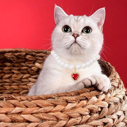 2pcs Cat Pearl Collar with Heart Pendant, Cute Pearl Pet Necklace in Small, Adjustable Wedding Party Small Dog Jewelry Accessories for Puppy Kitten- Pink & Red