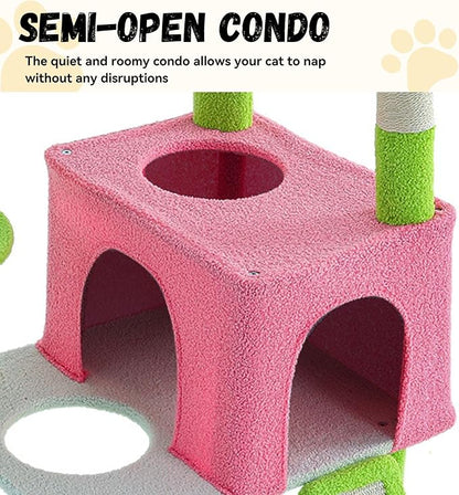 DWVO 68" Tall Cactus Cat Tree: Cats Tower with Sisal Scratching Posts, Kittens Hideout Pet House - Multi-Level Indoor Activity Center for Climbing Play, Green & Pink