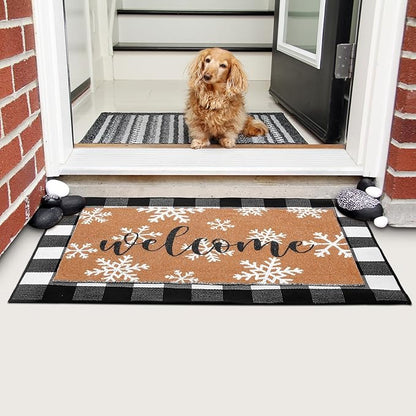 Tinideya 2 Pcs Winter Door Mat Outdoor Snowflake Welcome Mats for Front Door Non Slip Winter Coir Doormat Layering Black White Check Rug for Outside Front Porch Entryway Decor