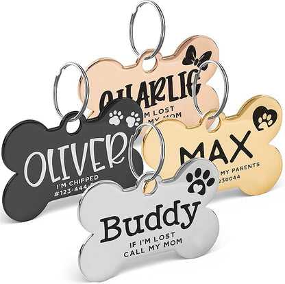 Stainless Steel Engraved Pet ID Tags for Dogs - 4 Color & 5 Shape Options, Up to 7 Lines, Personalized w/ 20 Icons, Name, Address, Phone Number #Bone