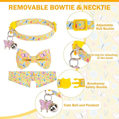 Cat Collar Breakaway with Bells, Gold Butterfly, 2 Pack Soft Butterfly Kitten Collar with Removable Shirt Collar, 8-12Inch