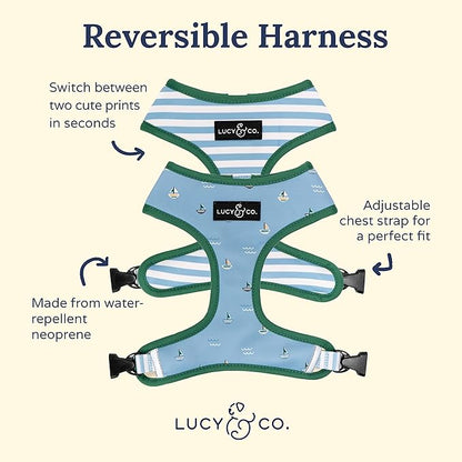 Lucy & Co. Set Sail Reversible Harness, Walking Halter - Best Designer Pet Harnesses for Small Dogs - Padded Adjustable Vest for Easy Walking, X-Small, Blue & White Stripes & Sailboats