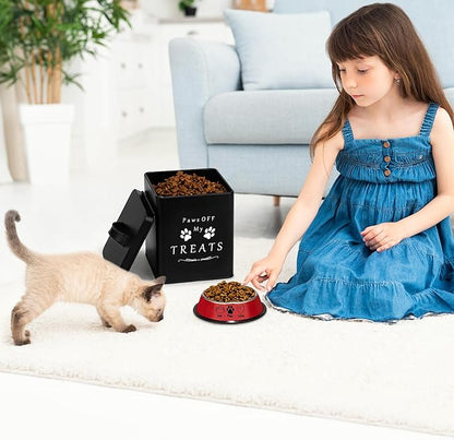 Meraki Home Farmhouse Cat Food and Treats Containers + Feed Scoop + Pet Food Bowl - Tight Lids - Large Metal Storage Bin - Great Gift for Cute Pets (Matte Black)