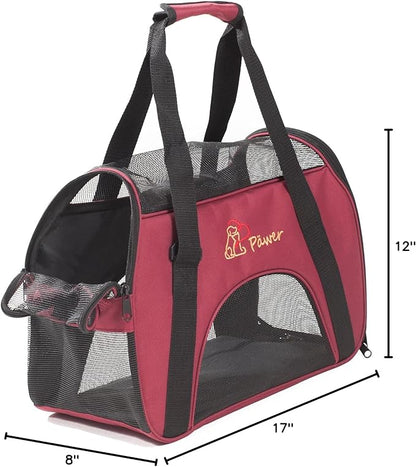 Pawer Soft-Sided Pet Carrier for Cat and Small Dog,Burgundy Color,Medium Size,Washable Cloth Airline Approved Travel Tote,with 2 Mesh Opens and a Strap for Carry,Multiple Colors Available