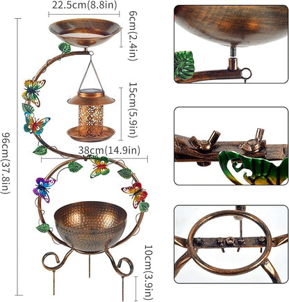 Metal Birdbath with Flower Planter Pedestal and Solar Bird Feeders Combo for Outdoor, Decorative Bird Bath with Butterfly for Garden Yard Outside