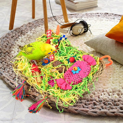 KATUMO Bird Toys - Large-Sized Grass Mat with Colorful Parrot Foraging Shredder Hanging Toys for Conure and Other Birds
