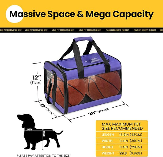 Dog Carrier Soft Sided, Large Cat Carrier with Inner Safety Leash, Pet Transport Carrier for Large Cats and Medium Dogs up to 20 Lbs, Collapsible Travel Puppy Carrier Bag -Purple L