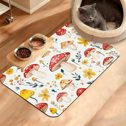 Pet Feeding Mat,Mushroom Absorbent Dog Cat Food Mat Flowers Dog Mat with Rubber Backing,Non-Slip Water Bowl Placemat,Pet Supplies 16" x 24"
