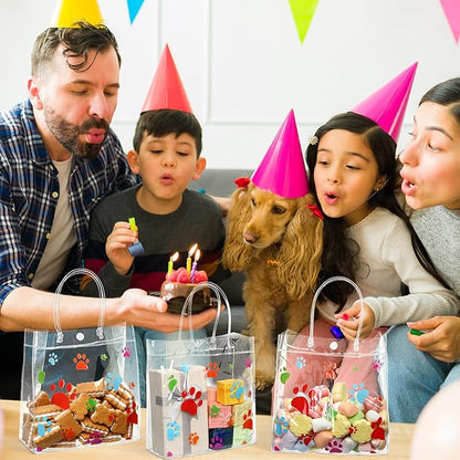 Teling 20 Packs Dog Paw Clear PVC Gift Bags with Handle Reusable Plastic Wrap Tote Bags Transparent for Puppy Pet Treat Party Favor Birthday Wedding Party, 8 x 8 x 3.15 Inch(Colorful)
