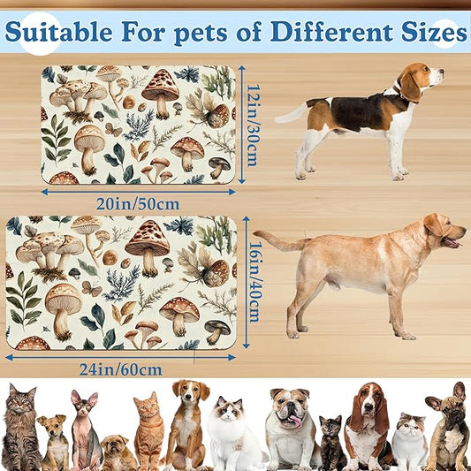 Vintage Mushroom Floral Dog Cat Food Mat–Christmas Stocking Absorbent Waterproof Placemat for Food and Water Bowls, Non Slip Rubber Backing, Feeding Mat for Clean Floors 12"x20"