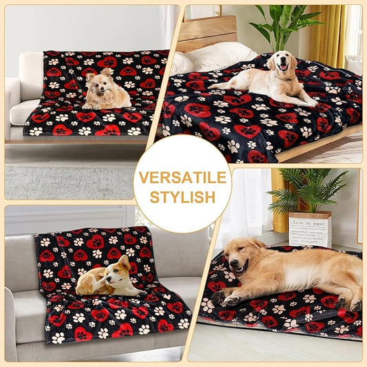 Dog Blankets for Large Dogs, 50"x40" Blanket Washable, Fuzzy Soft Pet Mat Throw Cover for Kennel Crate Bed, Cute Paw Pattern, Cat Blanket, Gifts Medium Small Pet Essentials, Black Red