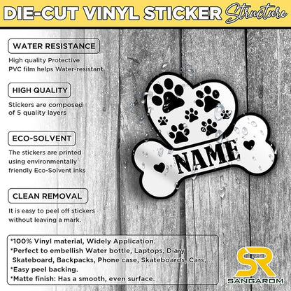 Custom Dog Paw Bone Sticker Personalized Pet Name Decal Cute Heart and Pawprint Design Waterproof Durable Vinyl for Dog Owners Laptops Cars Crates Water Bottles Pet Supplies Animal Lover Gift