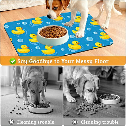 Yellow Rubber Ducks Dog Food Mat,Soap Bubbles Absorbent Pet Feeding Mat for Food and Water Bowl,Quick Dry Dog Placemat Non Slip Rubber Backing Waterproof Pet Supplies 16" x 24"